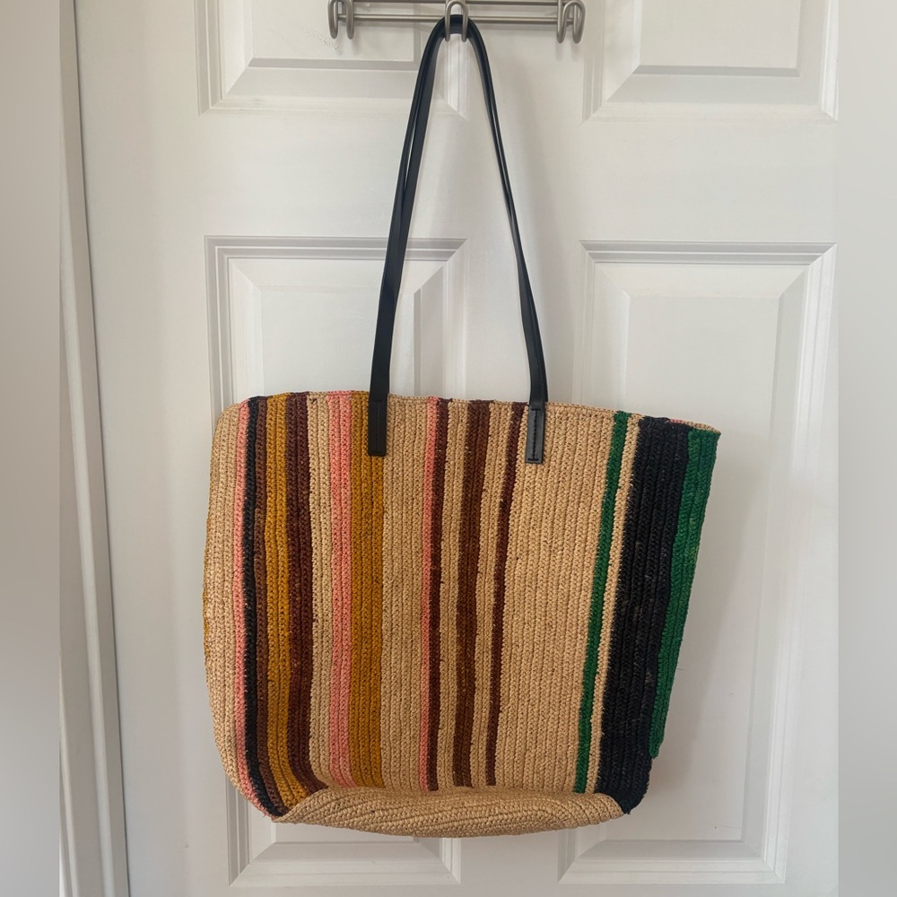 COTÉLAC striped Woven tote bag with Leather straps